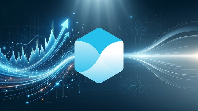 A glowing blue 3D cube logo set against a dark background with rising stock market chart lines, arrows, and flowing light trails suggesting growth.