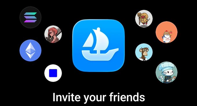 The image shows the OpenSea mobile app icon surrounded by various NFT collectibles, with the text "Invite your friends" at the bottom. It serves as a visual prompt encouraging users to take a screenshot of the OpenSea app to receive invite codes from the poster.