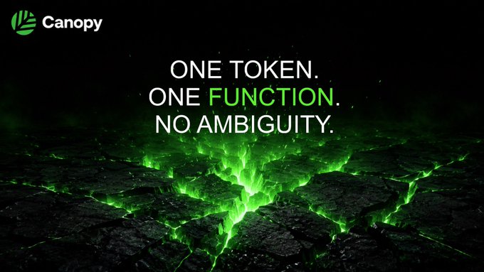Canopy promotional graphic with green glowing cracks on dark ground, featuring the tagline 'ONE TOKEN. ONE FUNCTION. NO AMBIGUITY.'