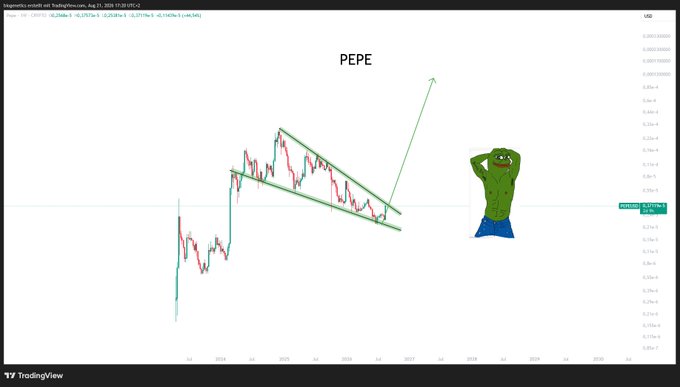 A TradingView chart of the Pepe memecoin ($PEPE/USDC) showing a descending wedge pattern on a monthly timeframe, with a green arrow projecting a breakout upward toward approximately $0.0000256, accompanied by a Pepe the Frog character graphic. The current price appears to be around $0.00001298, suggesting a bullish technical setup.