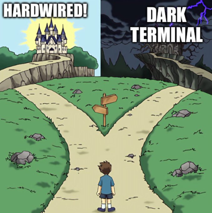 A split-screen cartoon illustration showing a boy standing before a fork in the road, with the left path labeled "HARDWIRED!" leading to a sunny castle, and the right path labeled "DARK TERMINAL" leading to a dark fortress.