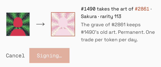 A UI showing that '#1490 takes the art of #2861' for 'Sakura', rarity 113, displayed as the green figure transforming into a pink floral grave.