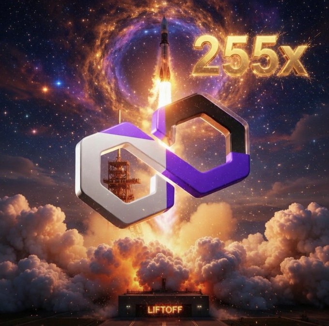 A vibrant digital artwork showing a rocket launching from a 'LIFTOFF' pad with the Polygon (MATIC) logo and '255x' text against a cosmic background.