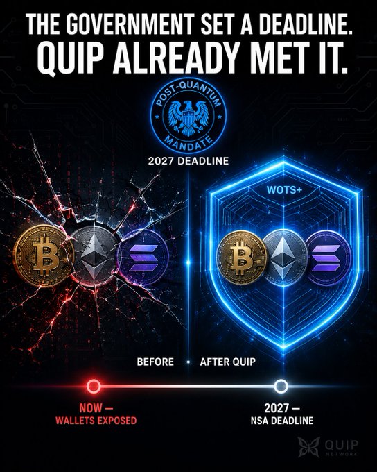 A bold promotional graphic for QUIP Network proclaims "THE GOVERNMENT SET A DEADLINE. QUIP ALREADY MET IT," featuring a glowing blue "POST-QUANTUM MANDATE 2027 DEADLINE" seal alongside Bitcoin, Ethereum, and Solana logos, visually contrasting cracked "before" wallets against QUIP-protected "after" coins on a shield. The image ties into the post's message that QUIP has already solved the NSA's 2027 post-quantum security mandate that crypto projects like QUBIC, NAORIS, and IONQ are still racing to meet.