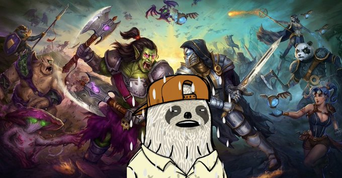 A digital illustration of a sad, crying sloth wearing an orange cap, set against a fantasy video game battle scene with orcs, warriors, and monsters in the background.