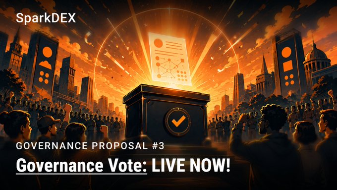 A promotional banner from SparkDEX announcing 'GOVERNANCE PROPOSAL #3' with the headline 'Governance Vote: LIVE NOW!', featuring a stylized illustration of a glowing ballot box on a pedestal surrounded by a crowd against a sunset cityscape.