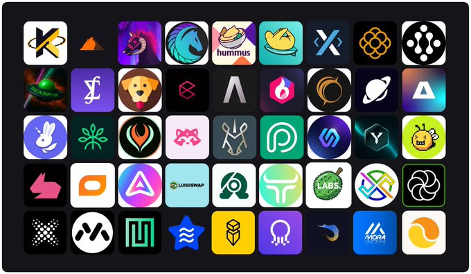 A grid displaying various colorful cryptocurrency or tech project logos, including recognizable names like 'hummus', 'LIQUIDSWAP', 'LABS', and 'MORAX'.