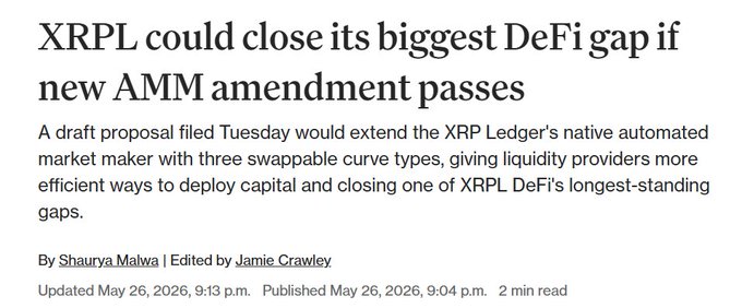 The image shows an article about a new draft proposal that could change the way AMM works, specifically focusing on Swappable Curves. This information is related to XRPL as there are updates available for this exchange platform. The text suggests that the new amendment would extend the AMM's native trading capabilities and provide more efficient ways of deploying capital and closing one of XRPL's longest-standing gaps in the market, which could potentially lead to a more stable Swappable Curves environment.