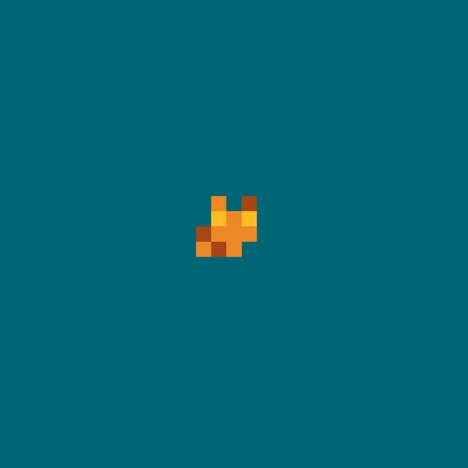 A minimalist pixel art image featuring a small cluster of orange and brown squares centered on a solid dark teal background.