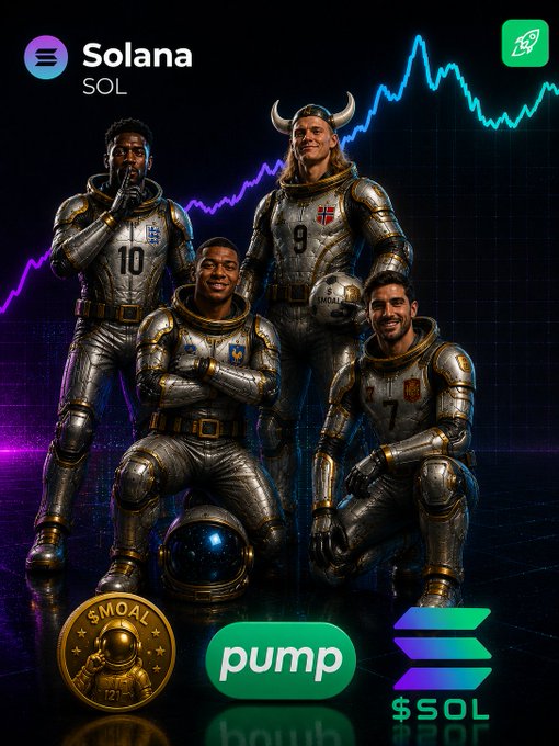 A stylized promotional image showing four soccer players in silver and gold spacesuits with national flags and numbers, set against a neon Solana ($SOL) price chart background, featuring $MOAL, pump, and $SOL logos at the bottom.