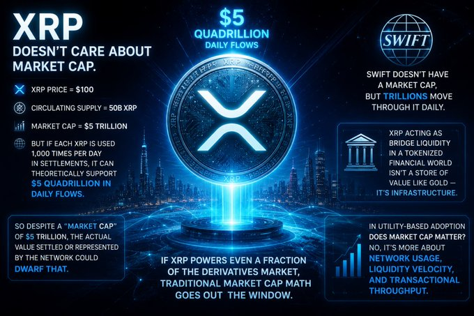 This futuristic, tech-themed infographic promotes the narrative that XRP's true value lies in liquidity and transactional throughput rather than market cap, featuring a glowing blue XRP coin atop a neon-lit cityscape with key data points including "$5 QUADRILLION DAILY FLOWS," "$100 XRP PRICE," "50B CIRCULATING SUPPLY," and "$5 TRILLION MARKET CAP." It compares XRP to SWIFT, which lacks a market cap yet processes trillions daily, and includes quotes like "XRP ACTING AS BRIDGE LIQUIDITY IN A TOKENIZED FINANCIAL WORLD ISN'T A STORE OF VALUE LIKE GOLD — IT'S INFRASTRUCTURE," while a bar graph emphasizes network usage, liquidity velocity, and transactional throughput as more relevant metrics than traditional market cap math—directly mirroring the post's argument that if XRP hits $100 with 50 billion in circulation and settles 1,000 transactions daily per coin, it would support massive daily transaction volumes that dwarf a $5 trillion market