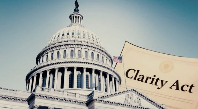 An image of the U.S. Capitol building with a document labeled 'Clarity Act' overlaid on the right side.