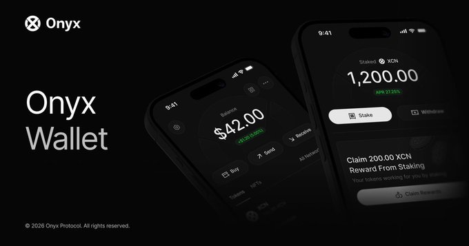 The image showcases the Onyx Wallet app interface displayed on two smartphones, featuring a balance of $42.00 and a staking balance of 1,200.00 XCN with a 27.25% APR, alongside an offer to "Claim 200.00 XCN Reward From Staking." This promotional visual reinforces the post's message about securing the Onyx smart-wallet by adding a second login method to manage and grow $XCN holdings.