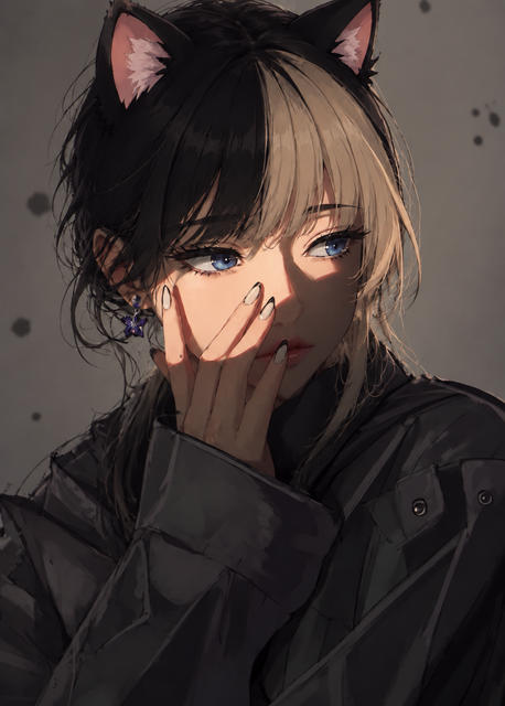 An anime-style digital illustration of a girl with black and blonde split-colored hair, cat ears, and bright blue eyes, resting her hand near her face in a thoughtful pose.