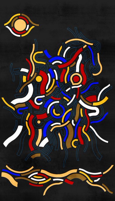 A piece of abstract art featuring tangled, colorful lines in red, blue, yellow, and white against a black background, with an eye-like symbol at the top.