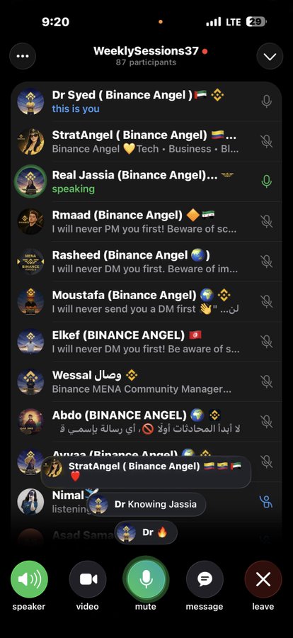 A screenshot of a Telegram group voice chat called 'WeeklySessions37' with 87 participants, showing a list of users including 'Dr Syed (Binance Angel)', 'StratAngel', and 'Real Jassia', along with typical call interface buttons.