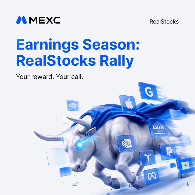 The image is a promotional graphic for MEXC's "Earnings Season: RealStocks Rally" campaign, featuring a metallic bull with glowing blue eyes charging forward alongside floating icons of major company logos including Apple, NVIDIA, Google, Meta, TSMC, Tesla, PayPal, and Microsoft. The bold text reads "Earnings Season: RealStocks Rally" with the tagline "Your reward. Your call." — visually emphasizing the bull market momentum tied to stock trading during earnings season.