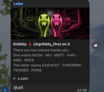 A social media post titled 'Leke' features neon green and pink wolves, quoting @gribbly_fire: 'There are two wolves inside you. One wants NVDA, MU, MSFT, AAPL, AMD, SPCX. The other wants CASHCAT, THROBBIN, TENDIIES, PONS.'