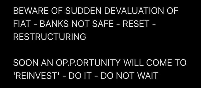 The image features a black background with white text warning of an imminent "SUDDEN DEVALUATION OF FIAT - BANKS NOT SAFE - RESET - RESTRUCTURING," and urges viewers to act quickly when a "OP.P.ORTUNITY" comes to "REINVEST." 

This aligns with the accompanying post's message, which encourages buying XRP below $1 during an upcoming crypto market shakeout before the Clarity Act, framing the event as an investment opportunity.
