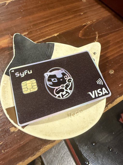 The image features a black Visa card placed on top of a white plate, which has a cat design on it. The text "Syfu" can be seen in the image as well.