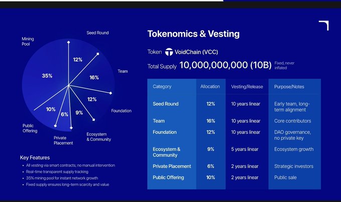 A presentation slide titled 'Tokenomics & Vesting' for VoidChain (VCC), showing a pie chart and table detailing a total supply of 10 billion tokens allocated across categories including Seed Round (12%), Team (16%), Foundation (12%), Ecosystem & Community (9%), Private Placement (6%), and Public Offering (10%).