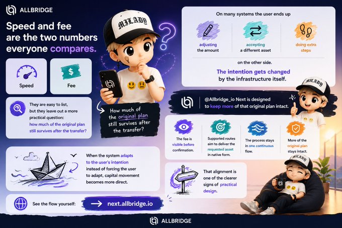 An infographic for 'ALLBRIDGE' featuring a cartoon character, comparing speed and fee metrics, with text emphasizing 'Speed and fee are the two numbers everyone compares' and showcasing icons for adjusting amounts, accepting assets, and extra steps.
