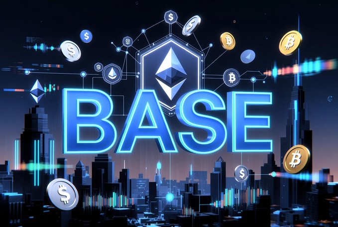A vibrant digital graphic displaying the word "BASE" in large glowing blue letters with the Ethereum logo, surrounded by floating cryptocurrency coins like Bitcoin and Ethereum over a stylized city skyline.