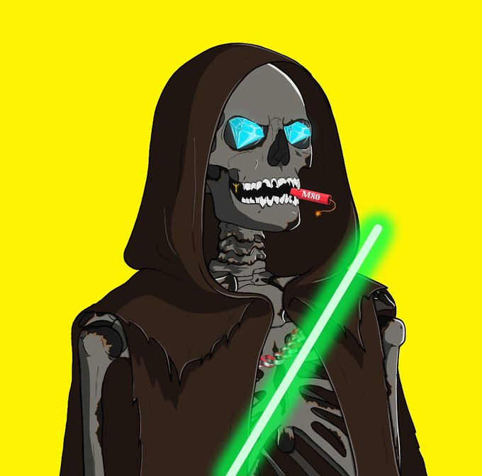 The image features a skeleton wearing a hooded robe, holding a green lightsaber with a red light at its end. The skeleton appears to be in a fighting stance or ready for battle, as if they are preparing for an epic duel. The background is yellow, which contrasts with the black silhouette of the skeleton and adds depth to the scene. The image also includes text that reads "Goodnight, @SOLANADEADS legends. Rest up for one unforgettable day tomorrow. There is nothing like a team that holds conviction and heart within' a community and project." This message seems to be related to the skeleton's character or the post itself, possibly referencing the Star Wars franchise or a similar theme.