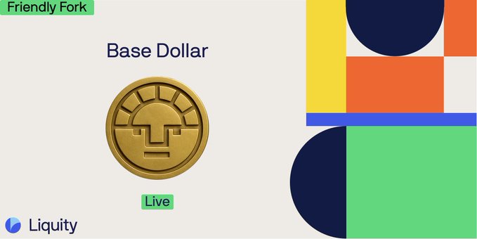 A simple, colorful graphic featuring a gold coin with a face design labeled 'Base Dollar' with a 'Live' status indicator, set against a background of geometric shapes in blue, orange, yellow, and green, with 'Friendly Fork' and 'Liquidity' labels.