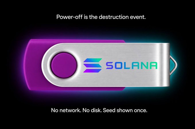 A glowing purple Solana-branded USB-style hardware key is displayed against a black background, with the text "Power-off is the destruction event" above it and "No network. No disk. Seed shown once" below it. The image visually reinforces the post's claim of being a Solana key generator by depicting a secure physical device designed to protect Solana tokens through offline, air-gapped seed storage.