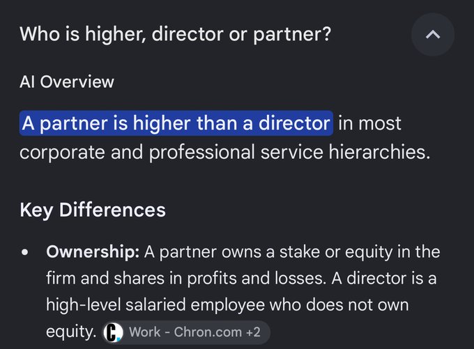 A Google search snippet answers "Who is higher, director or partner?" with the AI Overview stating "A partner is higher than a director in most corporate and professional service hierarchies," explaining that partners own equity in the firm while directors do not. The image supports the post's claim that partners are not just employees but owners of investment firms.