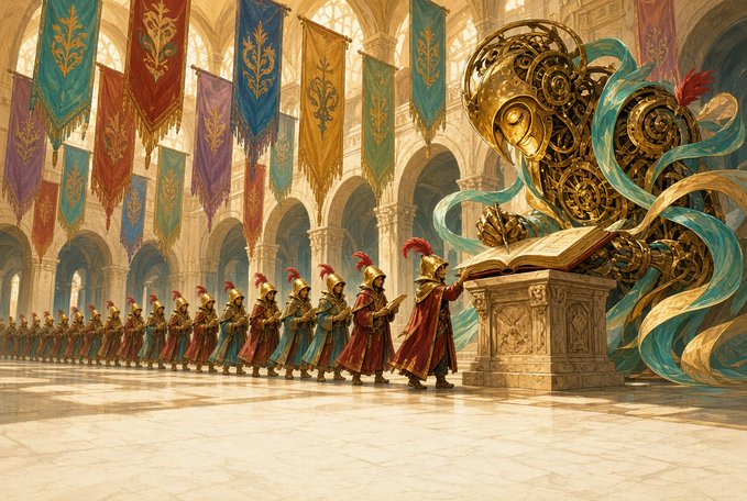 A fantasy illustration showing a line of figures in red robes and plumed helmets marching through an ornate hall toward a giant golden mechanical device displaying an open book.