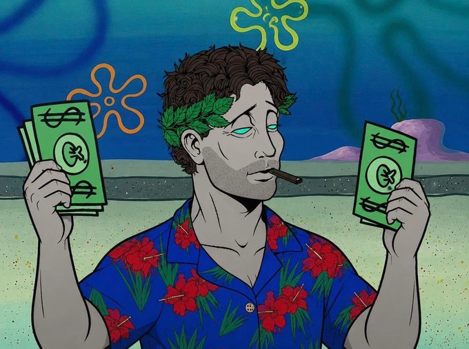 The image features a cartoon man with a flowery shirt holding two stacks of money, one green and one purple. The man appears to be smoking a cigarette while looking at his money. The caption reads "I just bought a shit ton of Solana Certainly this is the bottom right?".