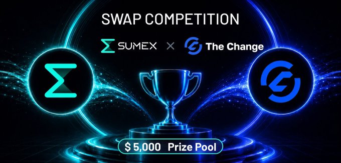 The image is a promotional graphic for a "SWAP COMPETITION" featuring a partnership between SUMEX and The Change, displaying a glowing trophy and "$5,000 Prize Pool" against a futuristic blue background. It visually reinforces the post's announcement about the $SUMEX × The Change PART 2 swap competition and its $5,000 prize pool.