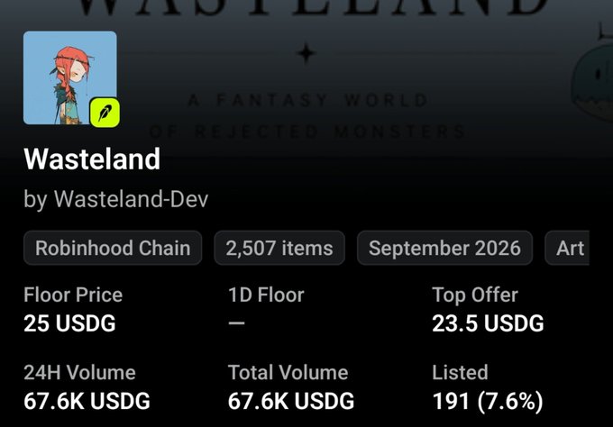 Screenshot of the Robinhood Chain NFT collection "Wasteland" by Wasteland-Dev, showing key metrics including 2,507 items minted, a floor price of 25 USDG, top offer of 23.5 USDG, and 24H volume of 67.6K USDG.