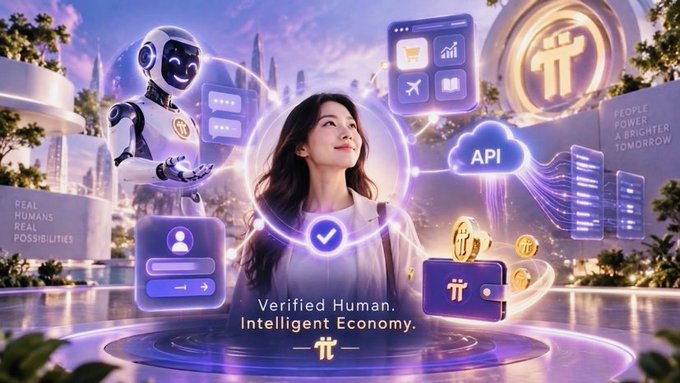 A promotional graphic for Pi Network featuring an Asian woman, a robot, and digital interfaces with the text 'Verified Human. Intelligent Economy.'