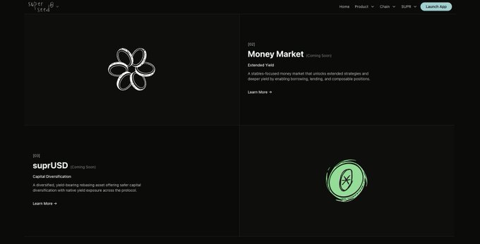 The image shows a dark-themed section of the Superseed website showcasing two ecosystem products: "Money Market" (Extended Yield, 02) and "suprUSD" (Capital Diversification, 01), each with descriptive text and a "Learn More" link. This directly visualizes the tweet's announcement of the updated Superseed website highlighting new features like the money market and suprUSD stablecoin within the $SUPR ecosystem.