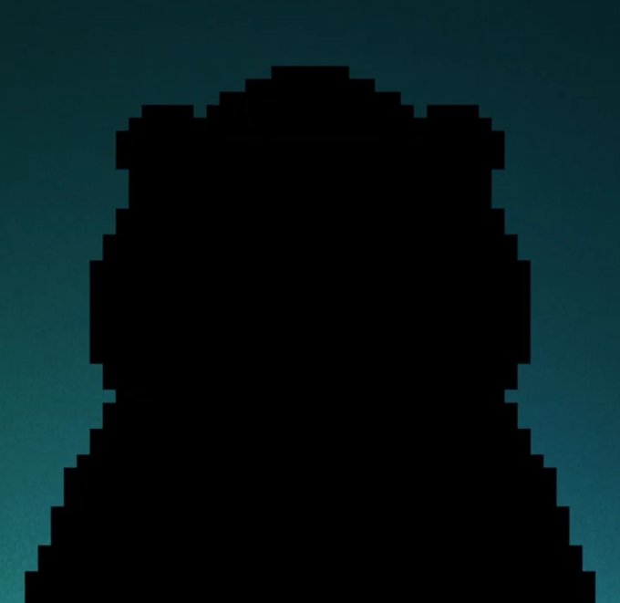 A pixelated black silhouette of a person's head and shoulders against a dark teal gradient background.