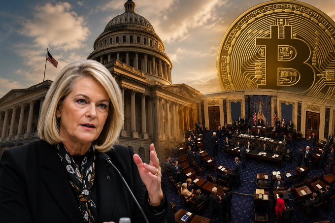 Senator Cynthia Lummis gestures while speaking, set against a composite backdrop featuring the U.S. Capitol dome, the Senate floor, and a prominent Bitcoin symbol, illustrating her advocacy for the upcoming Senate vote on the Clarity Act regarding cryptocurrency regulation.