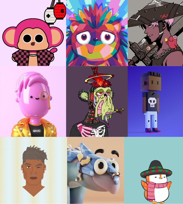 A 3x3 grid of various NFT avatars including a pink monkey, colorful porcupine, anime character, pink figurine, green creature, blocky figure, 3D head, blue creature, and a penguin with a sombrero.