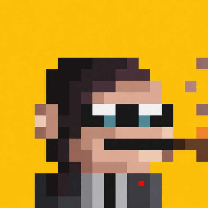 A pixel art portrait of a man with dark hair, sunglasses, and a cigar against a bright yellow background, representing the "Mad Vincent" 1/1 NFT from the Zcash pixel collection. The image visually brings to life the pixel-style artwork being celebrated in the post, with the yellow backdrop potentially nodding to Zcash's brand colors.