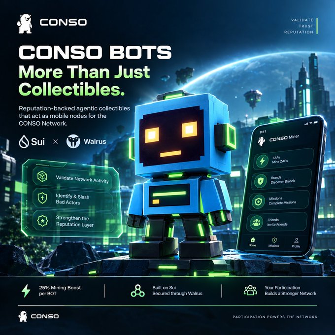 A promotional image for 'CONSO BOTS' describes them as 'Reputation-backed agentic collectibles' featuring a blue robot, with text noting they are 'Built on Sui' and 'Secured through Walrus'.
