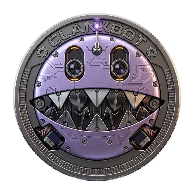 A circular purple and metallic robotic coin or token labeled 'CLANKBOT' featuring mechanical details, gears, glowing eyes, and a sharp-toothed mouth design.