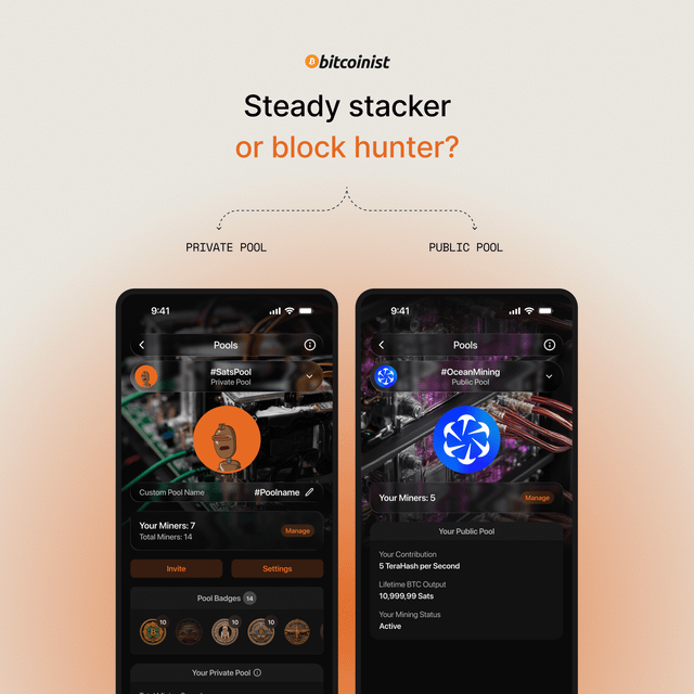 A Bitcoin marketing graphic titled 'Steady stacker or block hunter?' comparing private pool mining (SatsPool) vs public pool (OceanMining) shown on two phone screens.