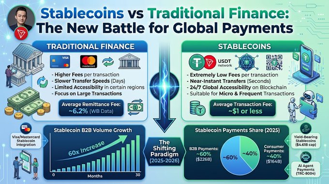 An infographic titled 'Stablecoins vs Traditional Finance: The New Battle for Global Payments' comparing transaction fees and highlighting a 60x stablecoin B2B volume increase.