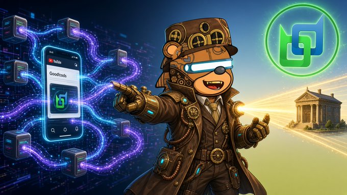 A steampunk-styled bear mascot with glowing visor and brass-gear trench coat points toward a smartphone displaying a YouTube search for "Goodclads," while a glowing green Beldex logo and a classical bank building flank either side, visually representing BelNet split tunneling—where the bank app takes a direct connection and the browser routes anonymously through Beldex nodes, keeping secure banking and private browsing isolated on the same device.