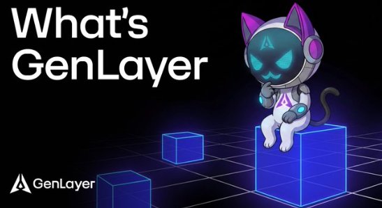 The image shows a cartoon cat wearing a spacesuit, sitting atop three blue cubes that are arranged in a triangular formation. The cat appears to be looking down at something or someone below. The text "What's GenLayer?" is written above the cat, indicating that this is an advertisement for GenLayer.