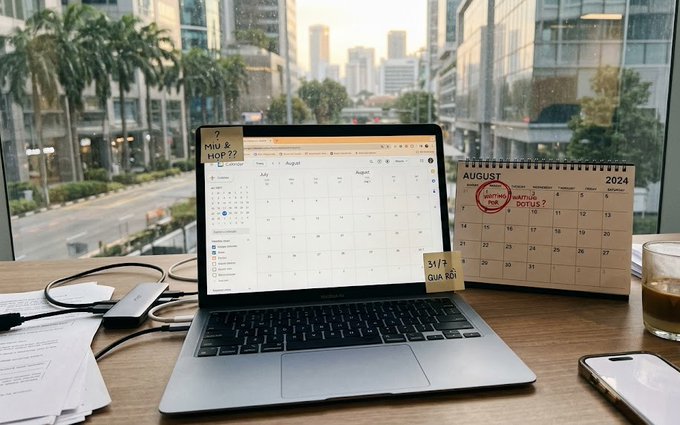 A desk workspace with a laptop showing a calendar and sticky notes ('Mid & HOD?'), a paper calendar marking an August birthday party for 'Dotus', and a city view through the window.