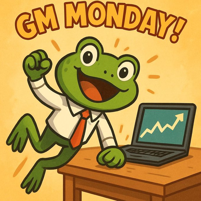 A cheerful cartoon frog in a shirt and tie cheers enthusiastically next to a laptop displaying a rising chart, under the bold text "GM MONDAY!" — perfectly matching the post's "GM frogs" greeting and energetic request-for-engagement vibe, with the upward chart visually echoing the #altın (gold) tag's optimistic market sentiment.