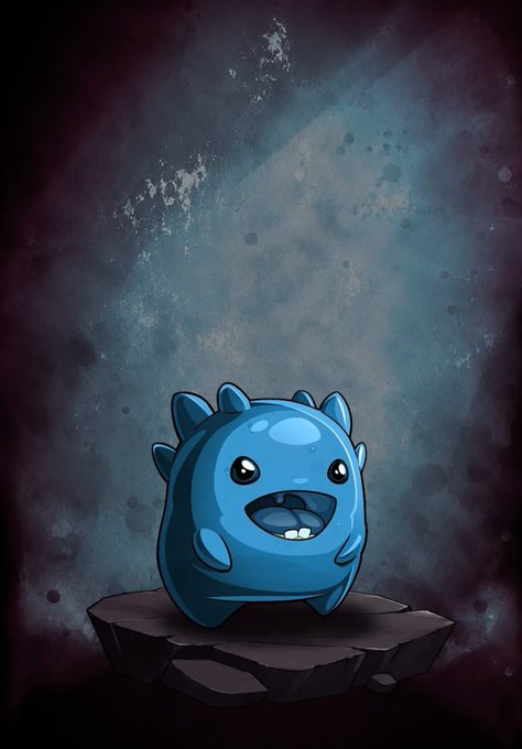 A cartoon illustration of a round, blue creature with small spikes, big eyes, and a smiling mouth with two teeth, standing on a rocky platform with light shining down from above.